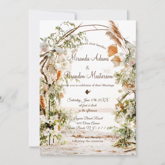 Rustige Floral Palm Arch Tropical Beach Wedding Kaart (Voorkant)