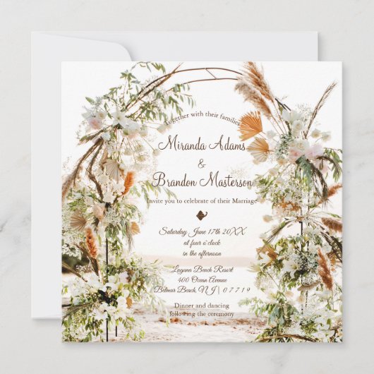 Rustige Floral Palm Arch Tropical Beach Wedding Kaart (Voorkant)