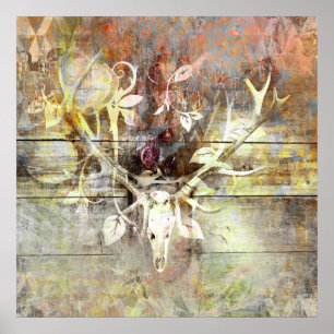 Rustige Floral Wood Grain Stag Skull Antlers Poster