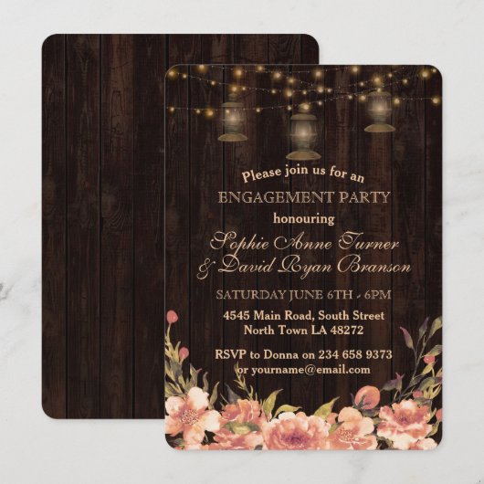 Rustige Floral Wood Old Lantern Engagement Party Kaart (Voorkant / Achterkant)