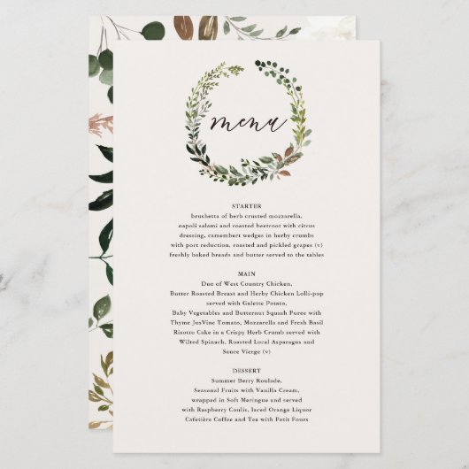 Rustige florale mond en staartwantlers trouwmenu (Voorkant / Achterkant)