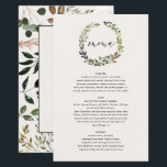 Rustige florale mond en staartwantlers trouwmenu<br><div class="desc">Rustic floral wreath and stag antlers bruiloft menu. Moderne bruuske bruiloft met waterverf bladeren,  florale en vlekvormgeving. Deel van een collectie</div>