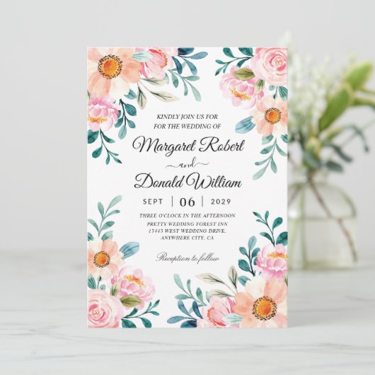 rustige florale waterverf trouwuitnodigingen kaart (Staand voorkant)