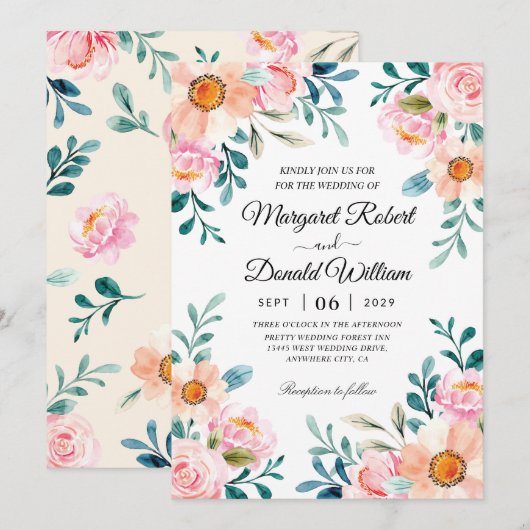 rustige florale waterverf trouwuitnodigingen kaart (Voorkant / Achterkant)