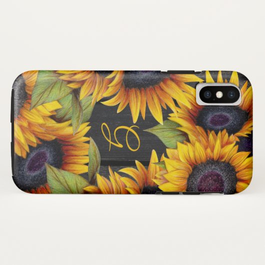 Rustige florale zonnebloemen gele schuurhoutmonogr Case-Mate iPhone case (Achterkant (horizontaal))