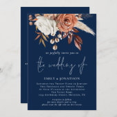 Rustige Florals QR Code Navy Blue Wedding Kaart (Voorkant / Achterkant)