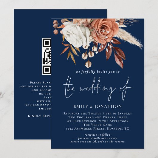 Rustige Florals QR Code Navy Blue Wedding Kaart (Voorkant / Achterkant)