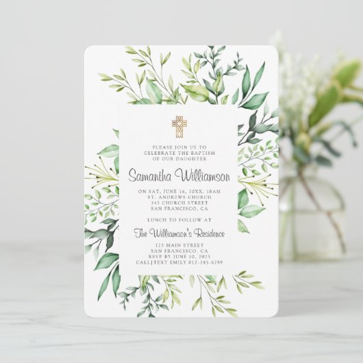 Rustige Foliage Cross Baptism Uitnodiging (Staand voorkant)