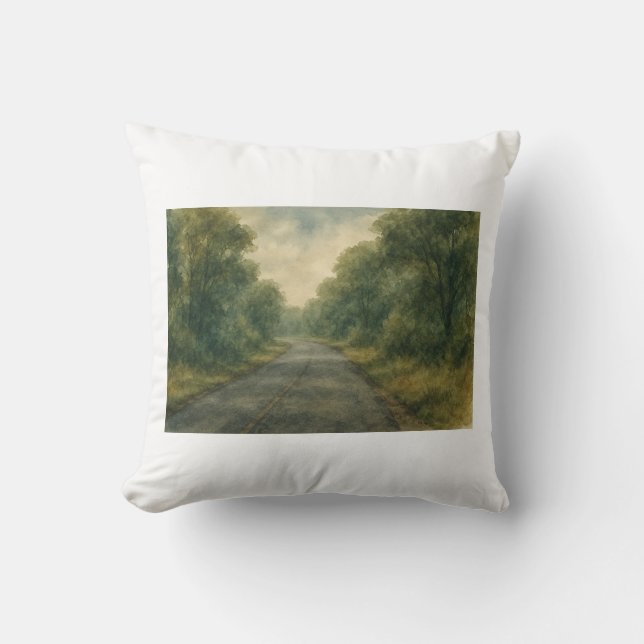 Rustige Forest Road Waterverf Rustige platteland Kussen (Voorkant)