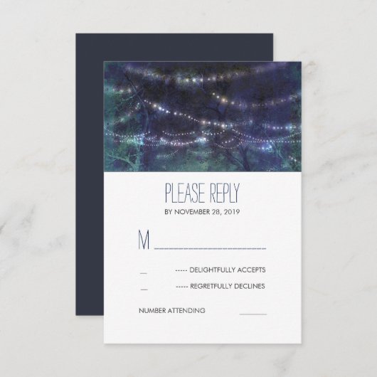 Rustige Forest String Lights Wedding RSVP-kaarten RSVP Kaartje (Voorkant / Achterkant)