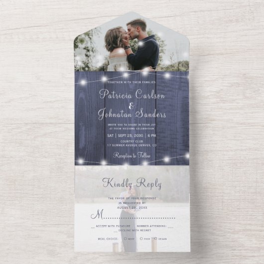 Rustige foto blauwe houtskaartjes rsvp bruiloft all in one uitnodiging (Binnen)