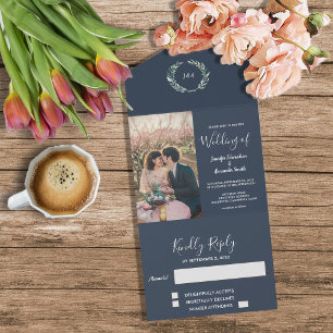 Rustige foto waterverf vertrekt bruiloft all in one uitnodiging