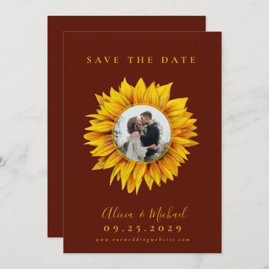 Rustige fotobruiloft met zonnebloem, met uitzonder save the date (Voorkant / Achterkant)