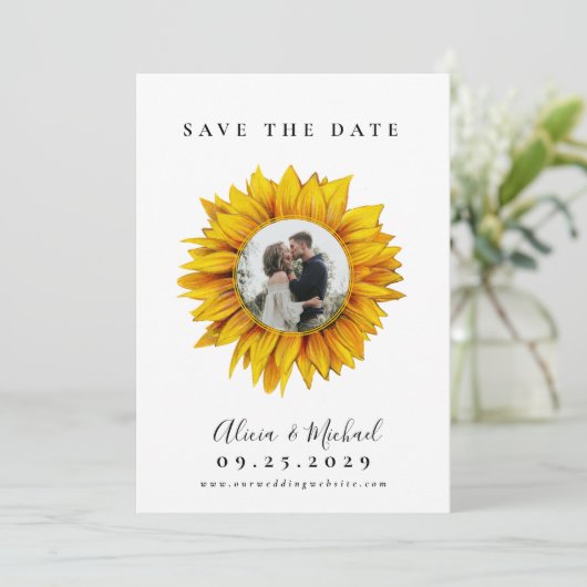 Rustige fotobruiloft met zonnebloem, met uitzonder save the date (Staand voorkant)
