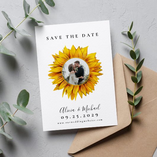 Rustige fotobruiloft met zonnebloem, met uitzonder save the date