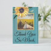 Rustige fotogeel zonnebloem Blauw Barn Wood Bedankkaart (Staand voorkant)