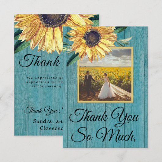 Rustige fotogeel zonnebloem Blauw Barn Wood Bedankkaart (Voorkant / Achterkant)