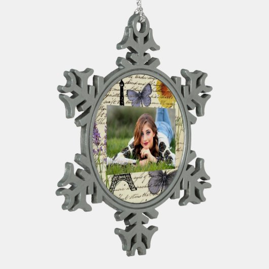 rustige franse vlinderparijs eiffeltoren tin sneeuwvlok ornament (Links)