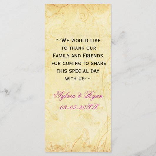 rustige  fuchsia floral bruiloft menukaarten menu (Achterkant)