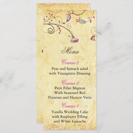 rustige  fuchsia floral bruiloft menukaarten menu (Voorkant / Achterkant)