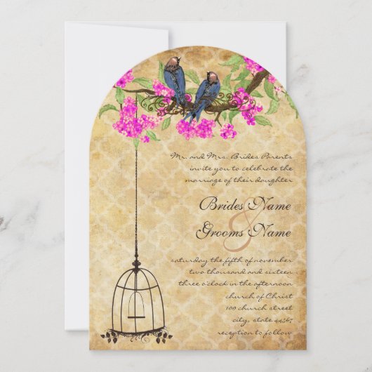 Rustige  Fuchsia Love Bird Wedding Kaart (Voorkant)