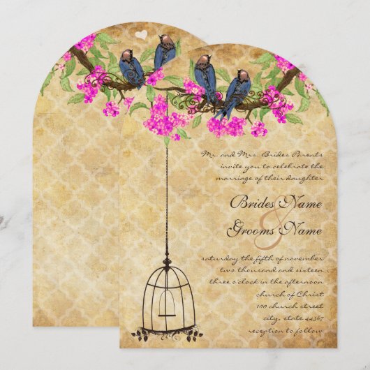 Rustige  Fuchsia Love Bird Wedding Kaart (Voorkant / Achterkant)