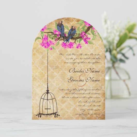 Rustige Fuchsia Love Bird Wedding Kaart (Staand voorkant)