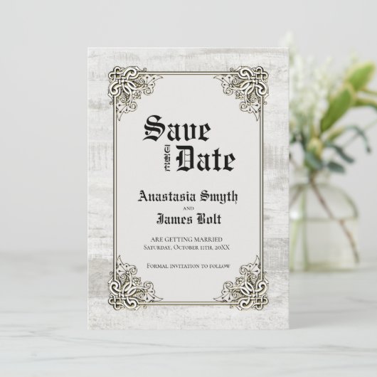 Rustige, gebleekte houten Lijst bruiloft Save The Date (Staand voorkant)