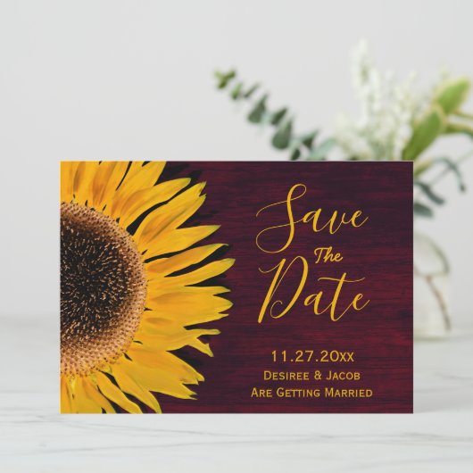Rustige Gele Bourgogne Zonnebloem sparen de datum Save The Date (Staand voorkant)
