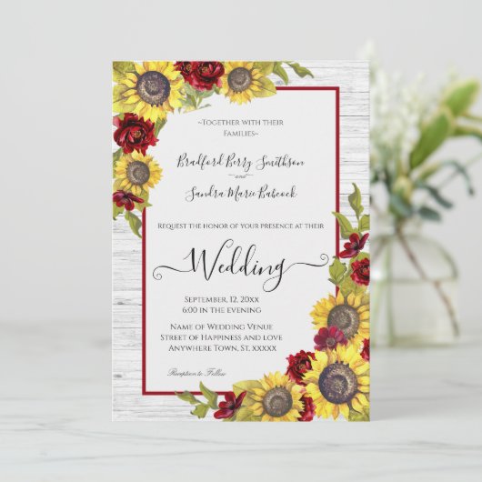 Rustige Gele Zonnebloem Burgundy Floral Weddenscha Kaart (Staand voorkant)