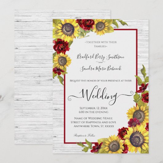 Rustige Gele Zonnebloem Burgundy Floral Weddenscha Kaart (Voorkant / Achterkant)