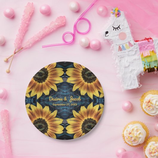 Rustige Gele Zonnebloem Denim Blue Jeans Weddensch Papieren Bordje (Feest)