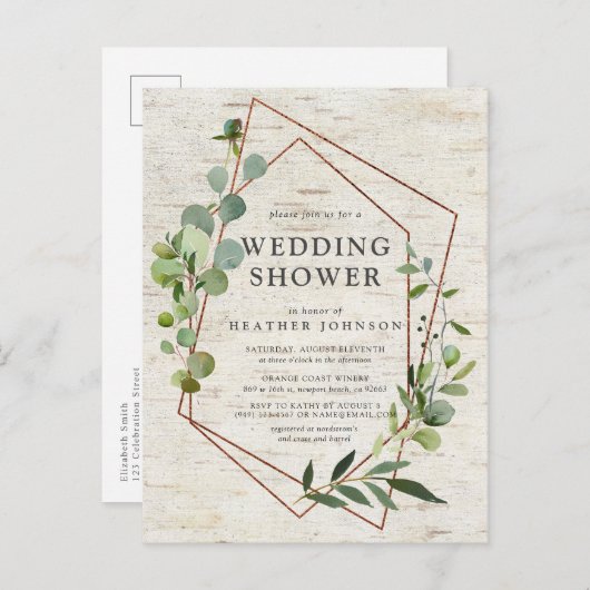 Rustige Geometrische Eucalyptusbruiloft met koper Aankondigingskaart (Voorkant / Achterkant)