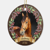 Rustige gepersonaliseerde 2 foto's Paard Kerstmis Keramisch Ornament (Links)