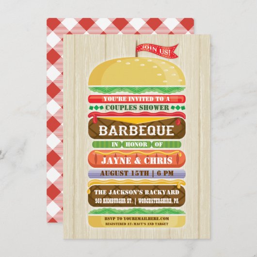 Rustige gestapelde hamburger Couples Shower BBQ Kaart (Voorkant / Achterkant)