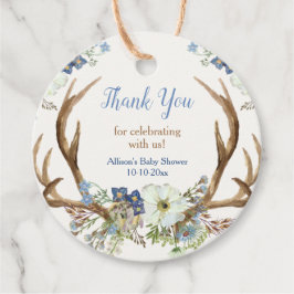 Rustige geweien blauw wit floreel baby shower bedankjes labels