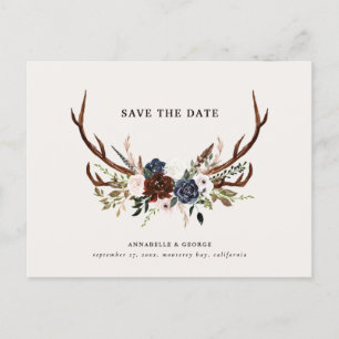 Rustige geweiers script navy burgundy floral bruil aankondigingskaart
