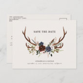 Rustige geweiers script navy burgundy floral bruil aankondigingskaart (Voorkant / Achterkant)