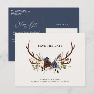 Rustige geweiers script navy burgundy floral bruil aankondigingskaart