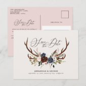 Rustige geweiers script navy burgundy floral bruil aankondigingskaart (Voorkant / Achterkant)