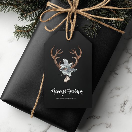 Rustige Geweih- en Blad Kerstmis Cadeaulabel