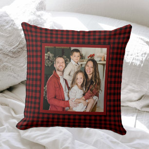 Rustige Gezellige Blokhut Rood Geruit Familie Foto Kussen
