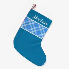 Rustige gingham plaid sky blue name kleine kerstsok