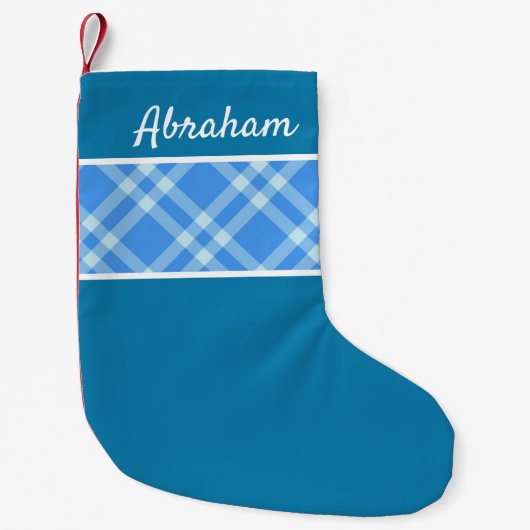 Rustige gingham plaid sky blue name kleine kerstsok (Voorkant)
