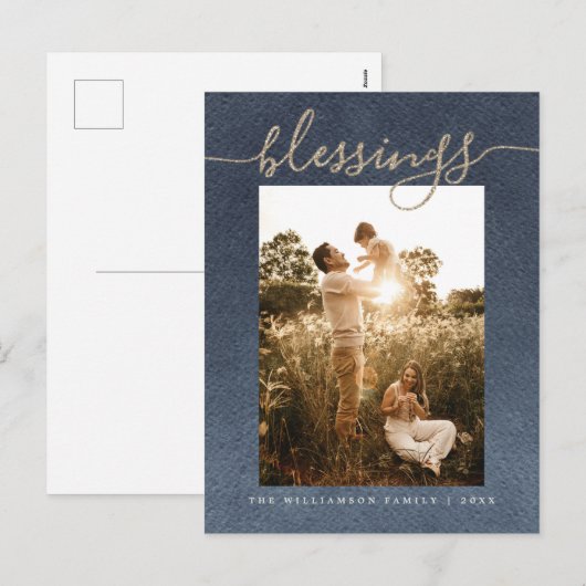 Rustige Gold Blessings Donkerblauwe kerstfeestdag Feestdagenkaart (Voorkant / Achterkant)