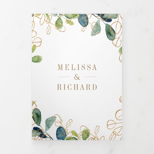 Rustige Gold Eucalyptus met QR-code bruiloft Drieluik Uitnodiging (Cover)