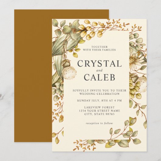 Rustige Gold Green Eucalyptus Foliage Wedding Kaart (Voorkant / Achterkant)