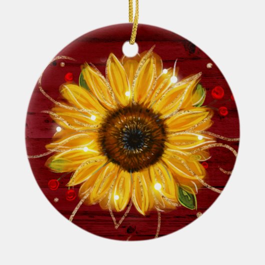 Rustige Gold Red Wood Name Sunflower Kerstmis Keramisch Ornament (Voorkant)