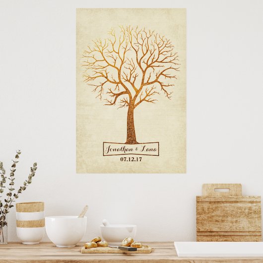 Rustige goudboom Thumbprint Wedding Guestbook Poster (Keuken)