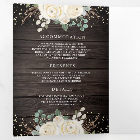 Rustige gouden Ivory Floral in één houtwacht Drieluik Uitnodiging (Binnenzijde eerst)